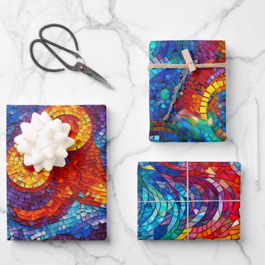 レインボージュエルトーンモザイクガラスパターン誕生日 ラッピングペーパーシート (正面)