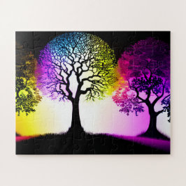 レインボースカイフレアとツリーのシルエット ジグソーパズル