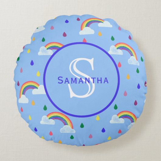 レインボースカイレインドロップモノグラパーソナライズされたム ラウンドクッション (正面)