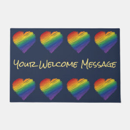 レインボースクライブルハートウェルカムマット ドアマット