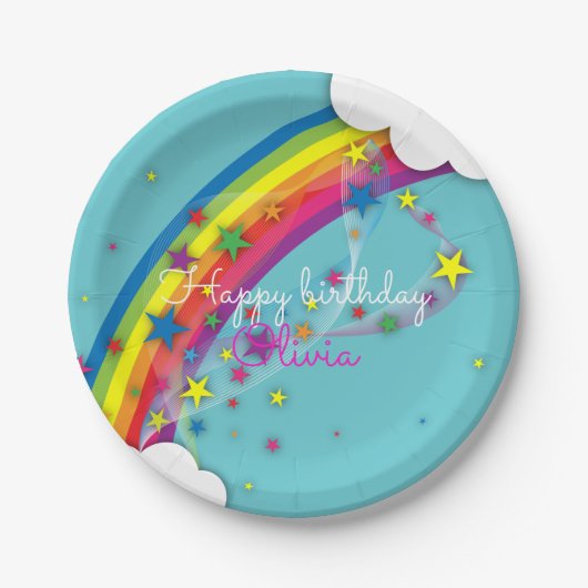 レインボースターズスカイクラウド&ネームハッピーバースデー ペーパープレート (正面)