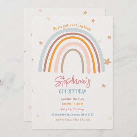 レインボースターズバースデーパーティーの招待 招待状 (正面/裏面)