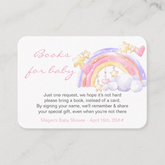レインボースターズピンクの赤ちゃんシャワー用の本 エンクロージャーカード (正面)