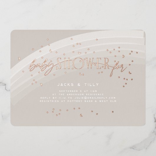 レインボースターズモダンベビーシャワーバラ金ゴールドプレス 箔招待状 (正面)