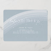 レインボースターズモダンベビーシャワーブルーシルバーフォイル 箔招待状 (正面)