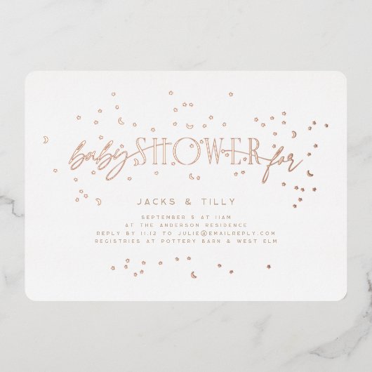 レインボースターズモダンベビーシャワーホワイトローズ金ゴールド 箔招待状 (正面)