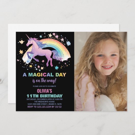 レインボースターユニコーン誕生日招待状写真 招待状 (正面/裏面)