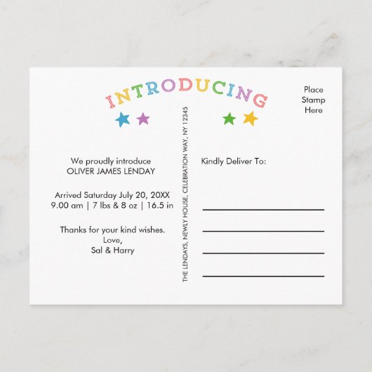 レインボースター |ベビー誕生発表葉書 案内ポストカード (裏面)