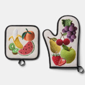 レインボーステッカー編みフルーツコラージュ 鍋つかみ&鍋敷きセット (正面)