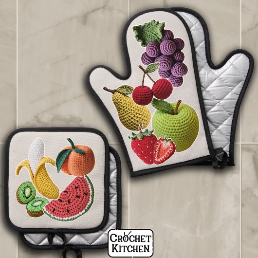 レインボーステッカー編みフルーツコラージュ 鍋つかみ&鍋敷きセット