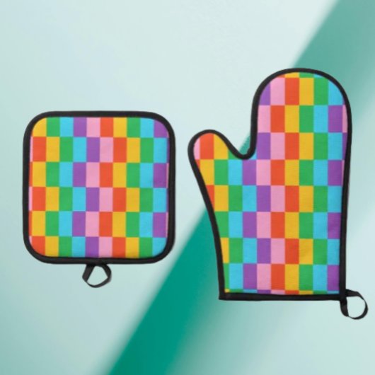 レインボーステップブロックパターン 鍋つかみ&鍋敷きセット