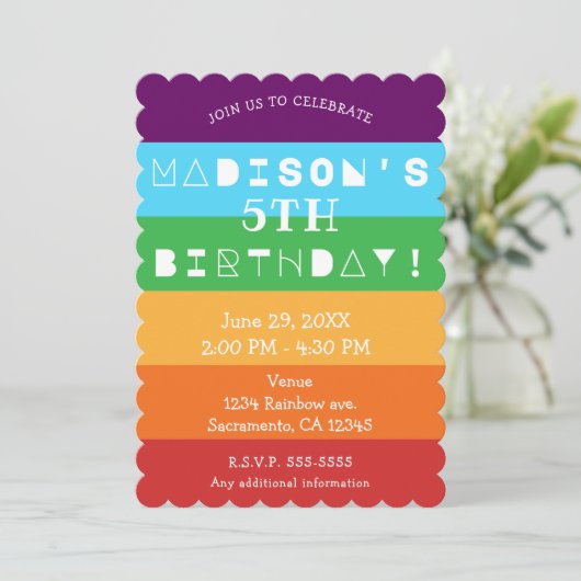 レインボーストライプおもしろいブライト誕生日パーティー任意の年齢 招待状 (スタンド正面)