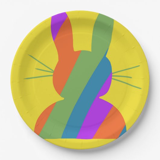 レインボーストライプのイースターバニー ペーパープレート (正面)