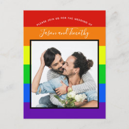 レインボーストライプのカップル写真結婚式招待状 ポストカード