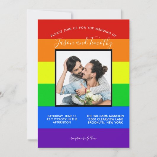 レインボーストライプのLGBTQカップルゲイ結婚ズ 招待状 (正面)