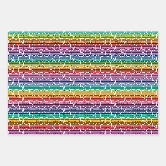 レインボーストライプタイポグラフィ50誕生日 ラッピングペーパーシート (正面)