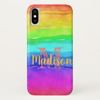 レインボーストライププライド水彩おもしろいイニシャル名 iPhone X ケース