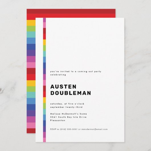 レインボーストライプモダン来のアウトパーティー 招待状 (正面/裏面)