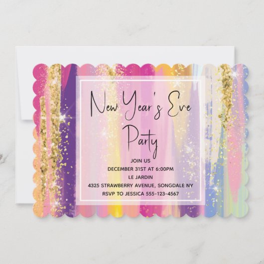 レインボーストライプ金ゴールドグリッター大晦日 招待状 (正面)