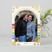 レインボーストライプ金ゴールドスノーフレークHappy Holigays 箔シーズンカード (立ち正面)