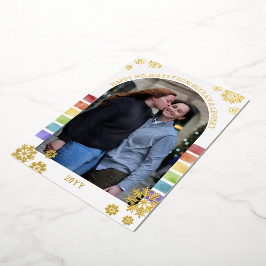 レインボーストライプ金ゴールドスノーフレークHappy Holigays 箔シーズンカード (回転した状態)