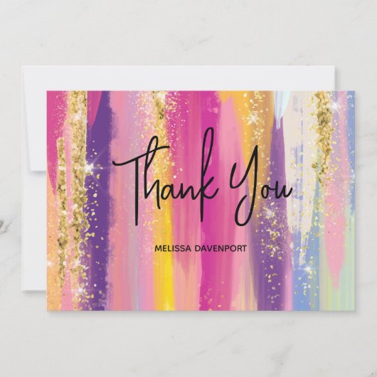 レインボーストライプ金ゴールドフェイクグリッターありがとう サンキューカード (正面)