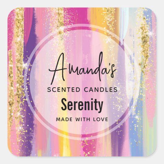 レインボーストライプ金ゴールドフェイクグリッターキャンドルビズ スクエアシール (正面)