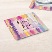 レインボーストライプ金ゴールドフェイクグリッター結婚ズ スクエアペーパーコースター (アングル)