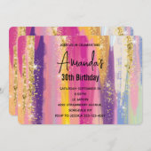 レインボーストライプ金ゴールドフェイクグリッター誕生日 招待状 (正面/裏面)