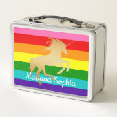 レインボーストライプ金ゴールドフェイクユニコーンネームキッズ メタルランチボックス (裏面)