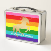 レインボーストライプ金ゴールドフェイクユニコーンネームキッズ メタルランチボックス (正面)