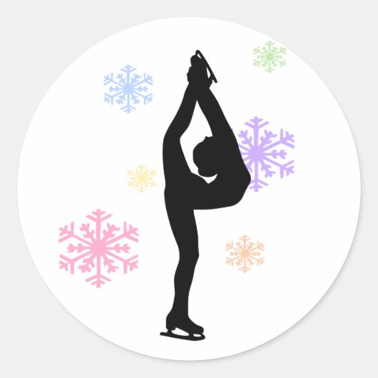 レインボースノーフレークスアイススケートで滑るステッカー ラウンドシール (正面)