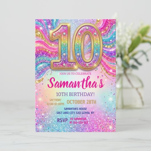 レインボースパークルギター10歳の誕生日パーティー 招待状 (スタンド正面)