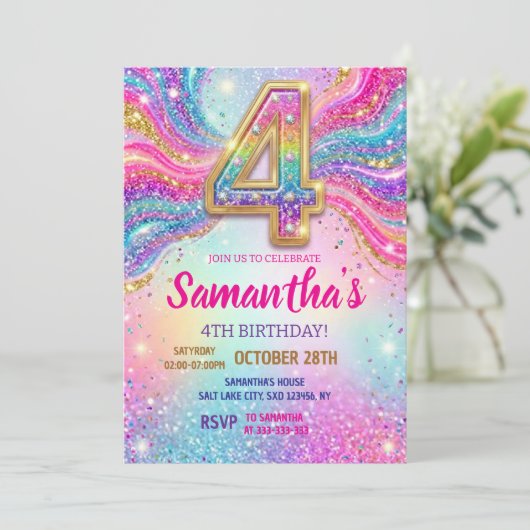 レインボースパークルギター4歳の誕生日パーティー 招待状 (スタンド正面)
