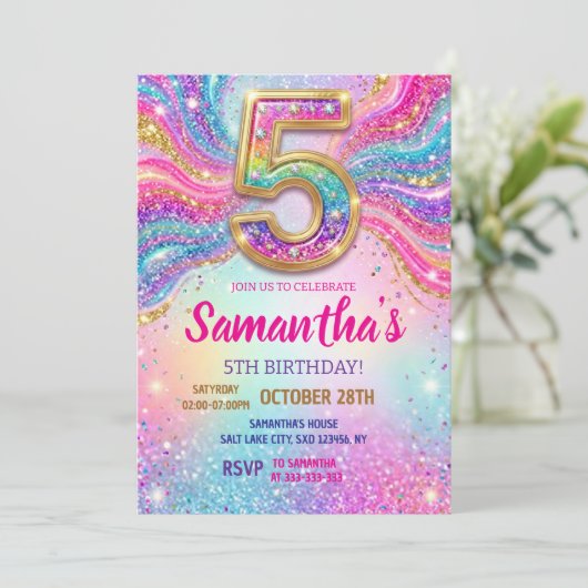レインボースパークルギター5歳の誕生日パーティー 招待状 (スタンド正面)