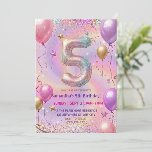 レインボースパークルギター5歳の誕生日パーティー 招待状 (スタンド正面)