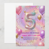 レインボースパークルギター5歳の誕生日パーティー 招待状 (正面/裏面)