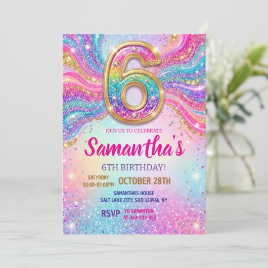 レインボースパークルギター6歳の誕生日パーティー 招待状 (スタンド正面)