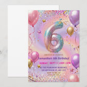 レインボースパークルギター6歳の誕生日パーティー 招待状 (正面/裏面)
