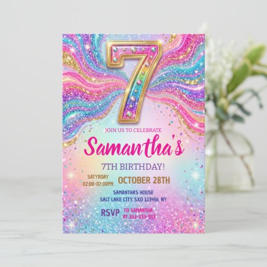 レインボースパークルギター7歳の誕生日パーティー 招待状 (スタンド正面)