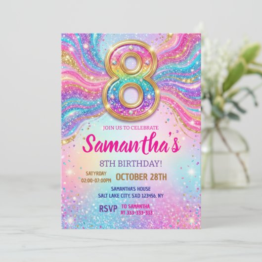 レインボースパークルギター8歳の誕生日パーティー 招待状 (スタンド正面)
