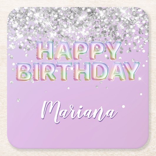 レインボースパークルグリッターガールバースデーパーティー スクエアペーパーコースター (正面)