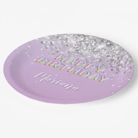 レインボースパークルグリッターガールバースデーパーティー ペーパープレート (アングル)