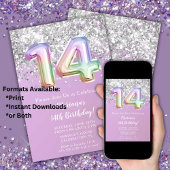 レインボースパークルグリッターガール14thバースデーパーティー 招待状