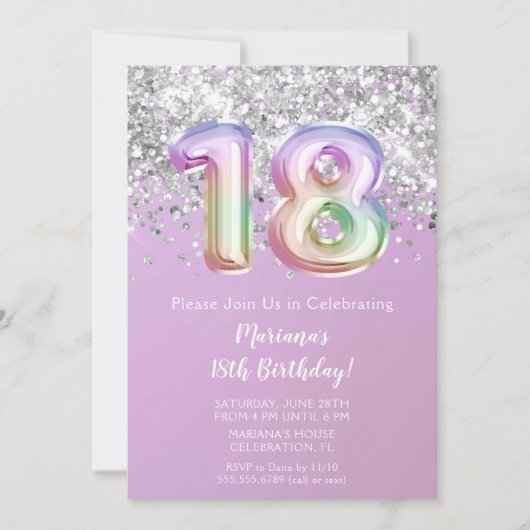 レインボースパークルグリッターガール18thバースデーパーティー 招待状 (正面)