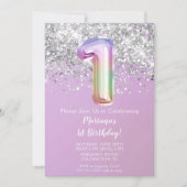 レインボースパークルグリッターガール1st誕生日パーティー 招待状 (正面)