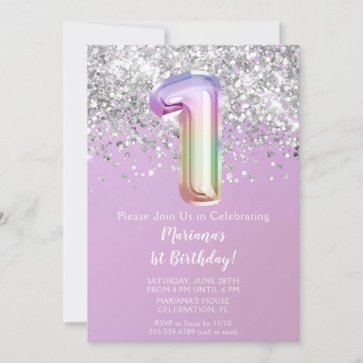 レインボースパークルグリッターガール1st誕生日パーティー 招待状 (正面)