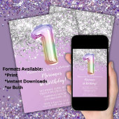 レインボースパークルグリッターガール1st誕生日パーティー 招待状