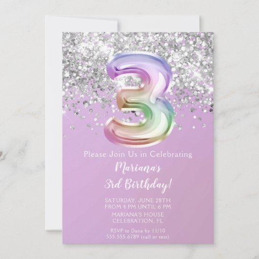 レインボースパークルグリッターガール3rd誕生日パーティー 招待状 (正面)