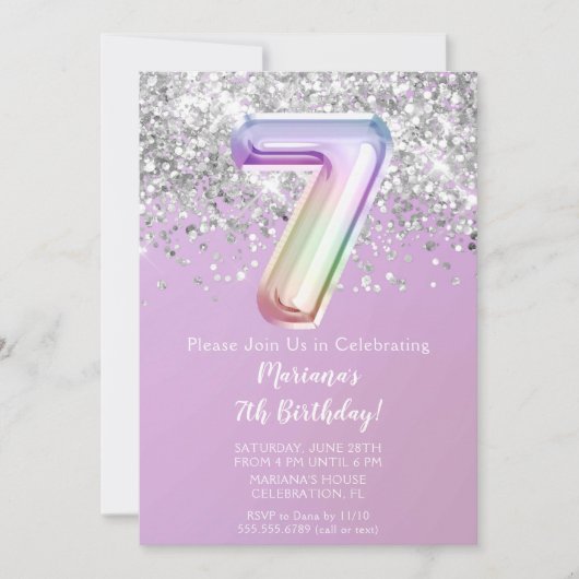 レインボースパークルグリッターガール7thバースデーパーティーin 招待状 (正面)